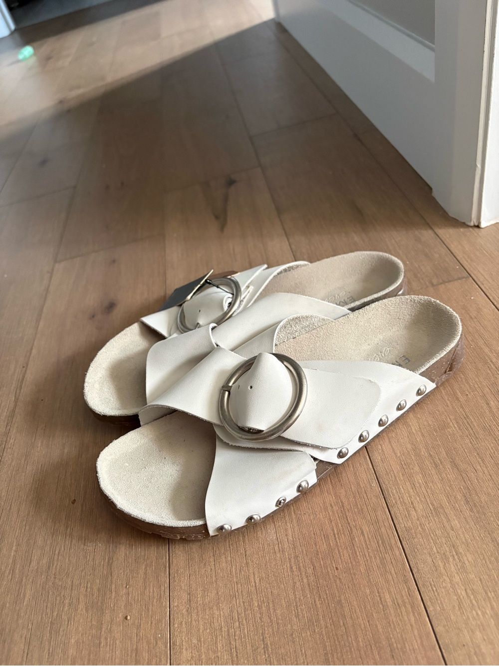 Cream Leather Buckle Slide Sandals for Women